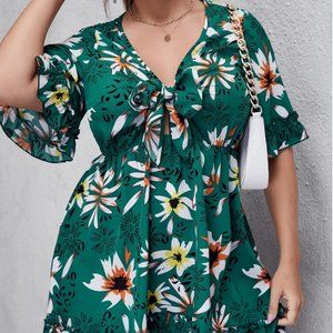 Plus Floral Tie Front Flounce Sleeve Ruffle Hem Dress
